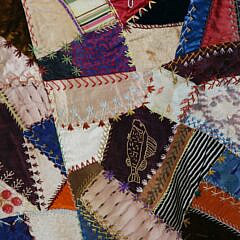 1889 Dated Silk and Velvet Crazy Quilt Top with Statue of Liberty Silk