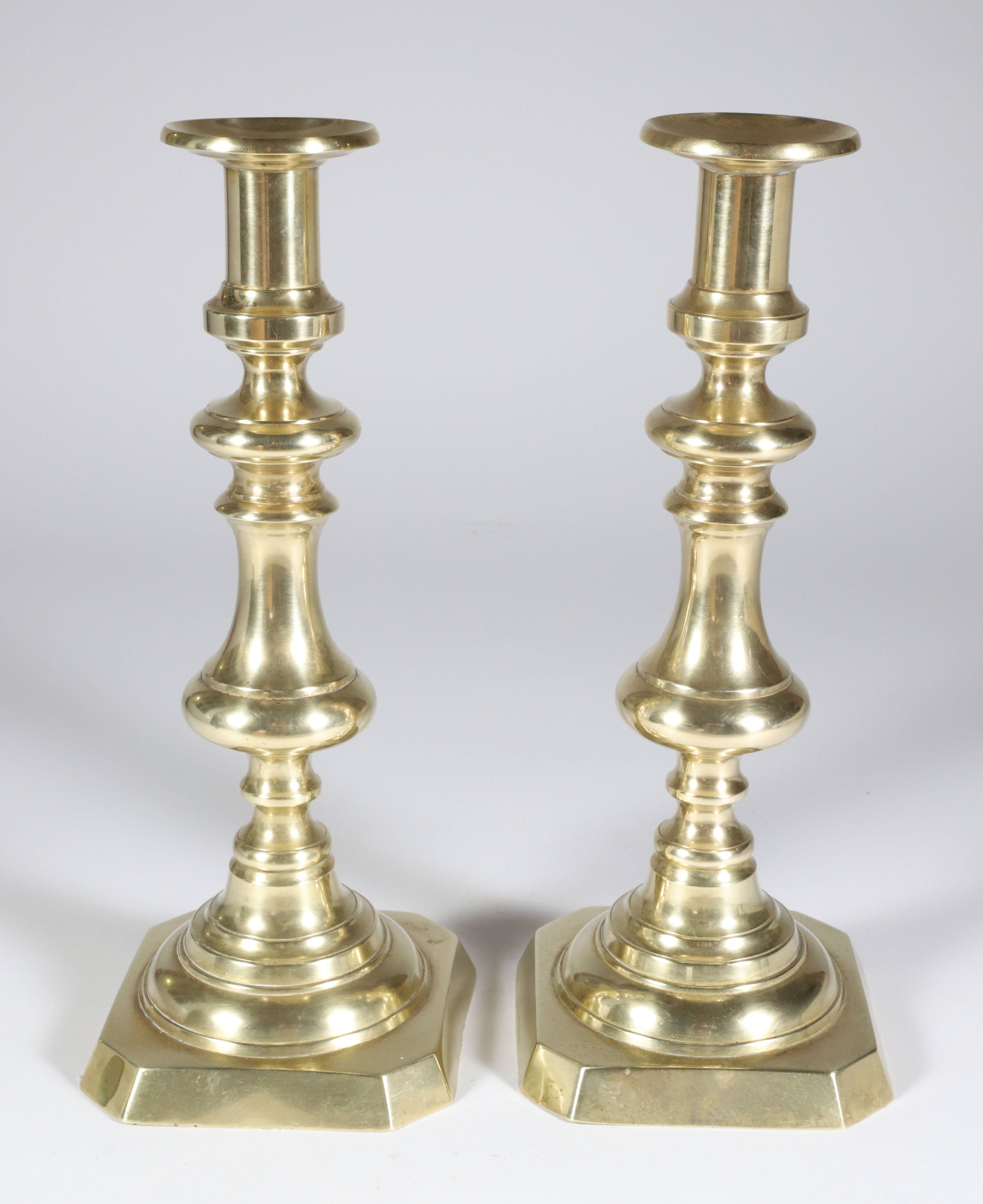 Pair of American Brass PushUp Candlesticks 19th Century Pair of