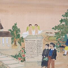 German Folk Art Watercolor on Paper “Church Gathering”, circa 1921