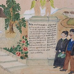 German Folk Art Watercolor on Paper “Church Gathering”, circa 1921