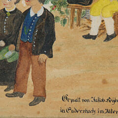 German Folk Art Watercolor on Paper “Church Gathering”, circa 1921