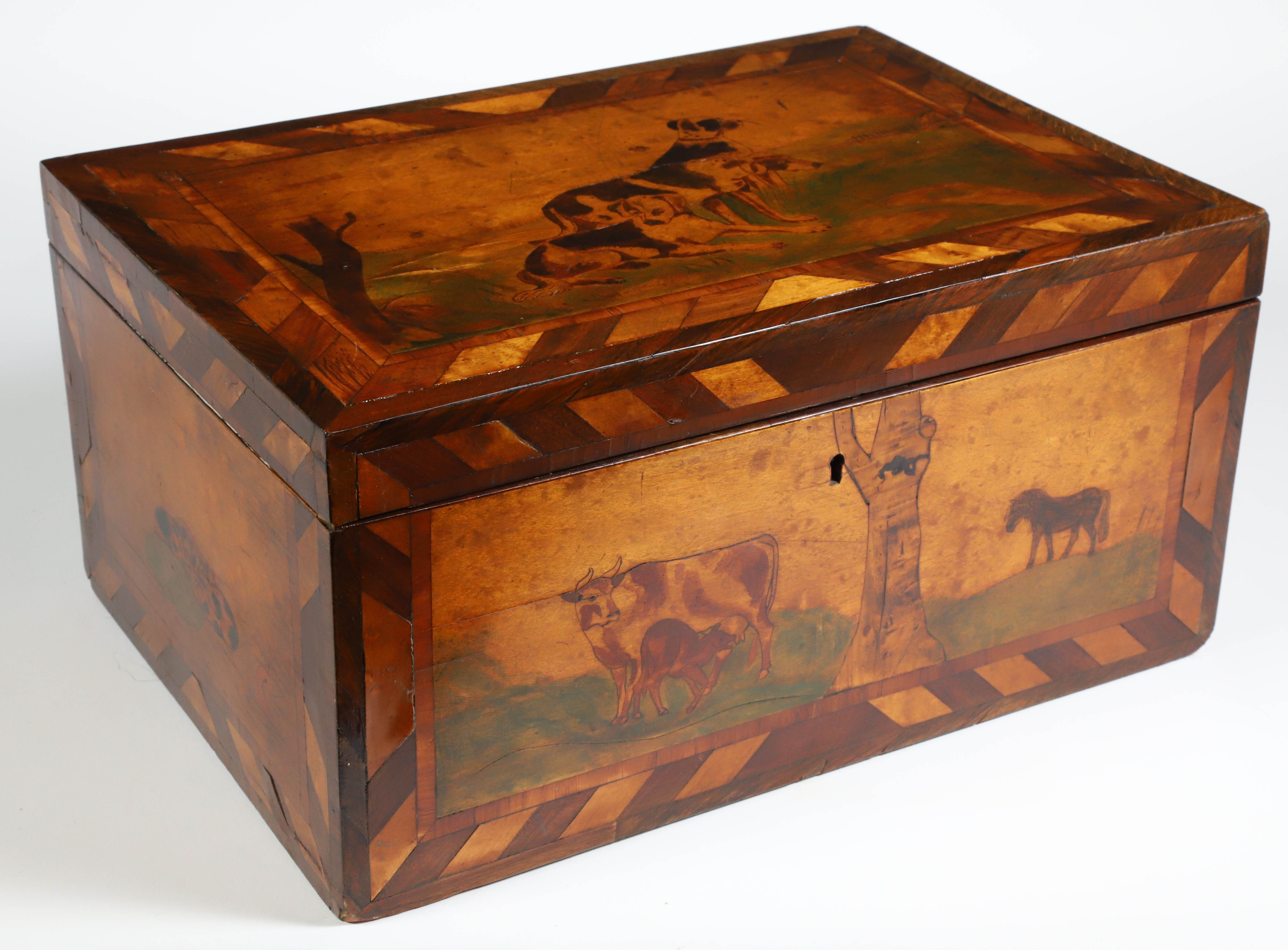 British Animal Motif Marquetry Box, Mid 19th Century
