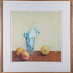 Rose Gonnella Watercolor “Tabletop Still Life of Peaches”, Painting, 20th century