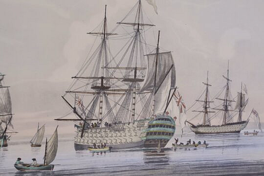 Colored Lithograph "A 90 Gun Ship, at Spithead", 19th Century