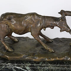 Signed Cast Bronze Figural Group of a Young Dutch Girl and a Goat on Stepped Marble Base