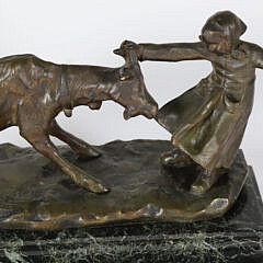 Signed Cast Bronze Figural Group of a Young Dutch Girl and a Goat on Stepped Marble Base