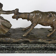 Signed Cast Bronze Figural Group of a Young Dutch Girl and a Goat on Stepped Marble Base