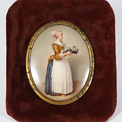 German Miniature Portrait, Oil on Porcelain, of La Belle Chocolatier Anna Baltauf, 19th Century