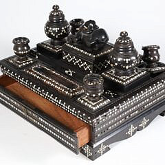 Anglo Indian Antique Ebony and Bone Inlaid Inkstand, 19th Century