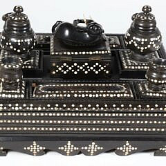 Anglo Indian Antique Ebony and Bone Inlaid Inkstand, 19th Century