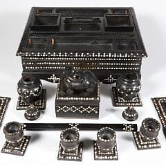 Anglo Indian Antique Ebony and Bone Inlaid Inkstand, 19th Century