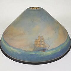 Antique Pairpoint Reverse Painted Nautical Ship Decorated Glass Lamp Shade