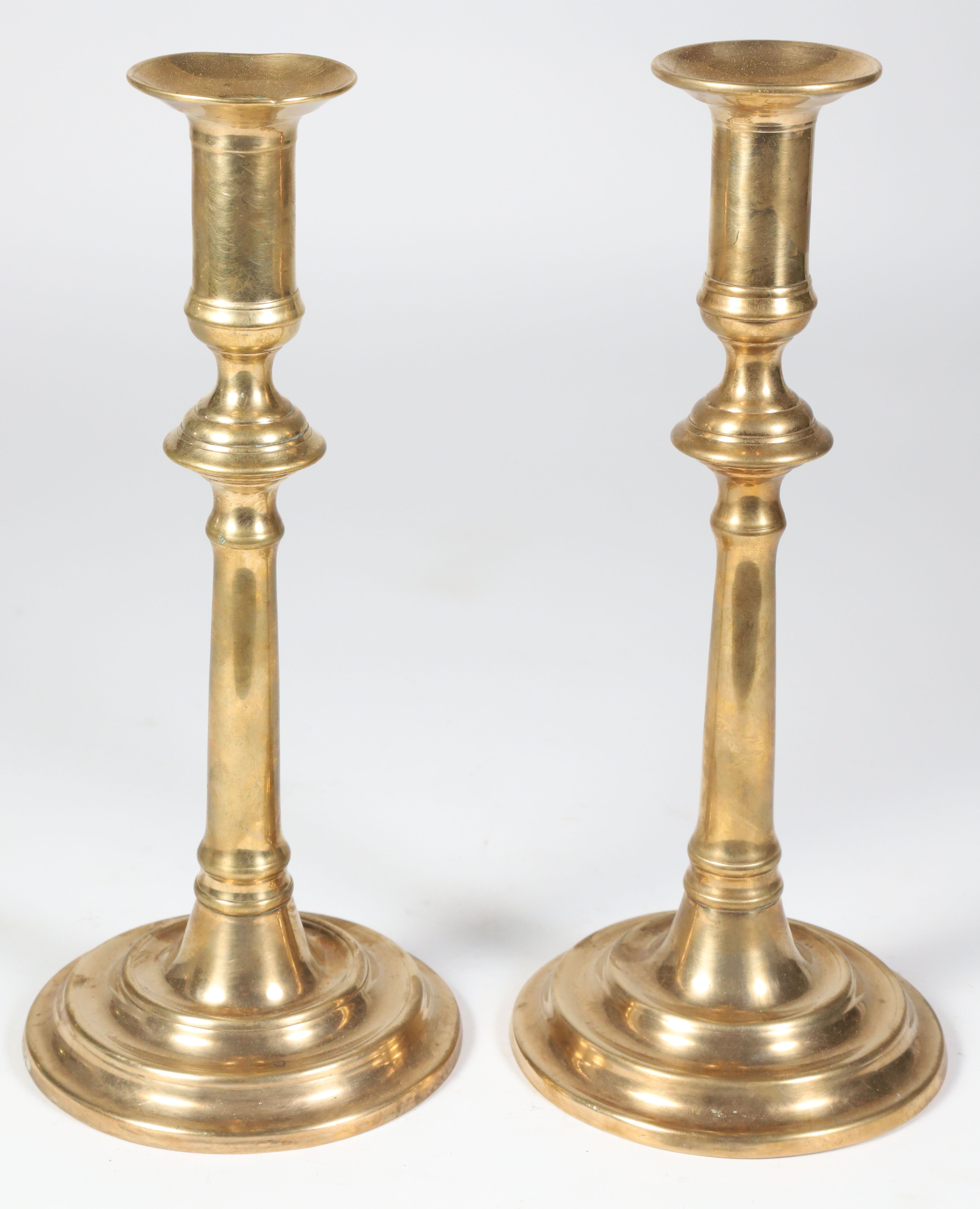 Pair of 18th Century III Brass Ball and Ring Candlesticks Pair