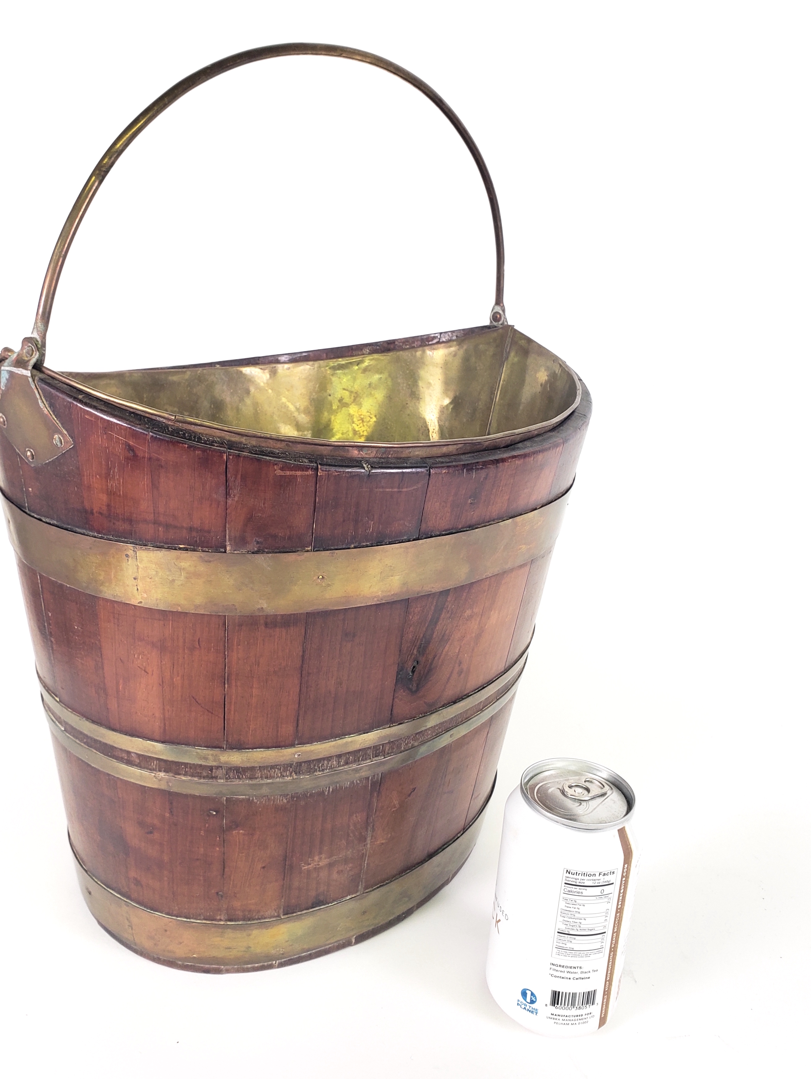 Antique English Brass Bound Peat Bucket Antique English Oak Brass