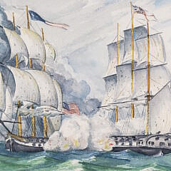 Vintage United States Naval Engagement Watercolor on Paper, “War of 1812”
