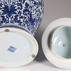 Decorative Chinese Blue and White Covered Temple Jar, 20th Century