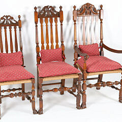 Set of 6 Wallace Nutting William and Mary Style Bannister Back Rush Seat Dining Chairs