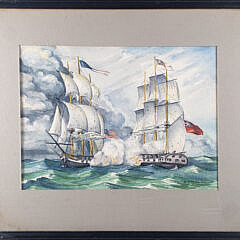 Vintage United States Naval Engagement Watercolor on Paper, “War of 1812”