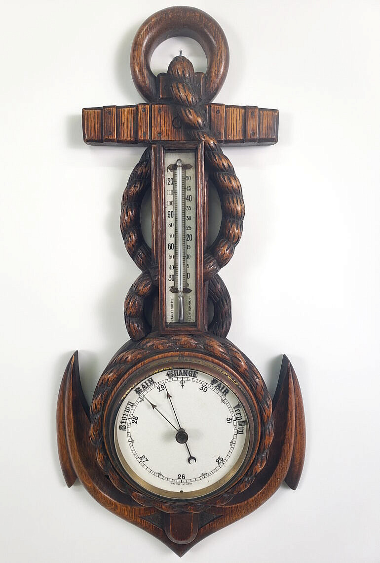 Antique Carved Marine Anchor and Rope Themed Barometer Antique Carved