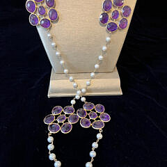 5.5mm White Fresh Water Pearl and Faceted Amethyst Cluster Sterling Silver Vermeil Necklace