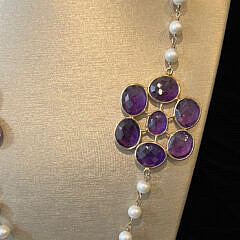 5.5mm White Fresh Water Pearl and Faceted Amethyst Cluster Sterling Silver Vermeil Necklace