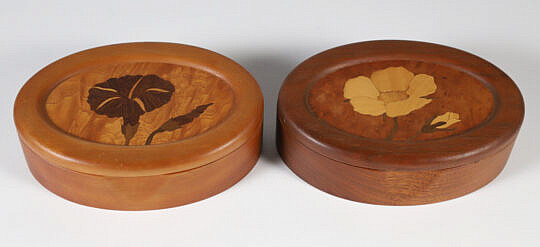 Two Floral Inlaid Tropical Fruit Wood Trinket Boxes by Wildfawn Woodcrafts Florence, MA