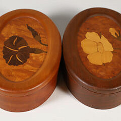 Two Floral Inlaid Tropical Fruit Wood Trinket Boxes by Wildfawn Woodcrafts Florence, MA