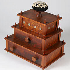 Three-Tier Wood Sewing Box with Pin Cushion Top, 20th Century
