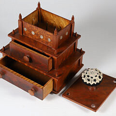 Three-Tier Wood Sewing Box with Pin Cushion Top, 20th Century