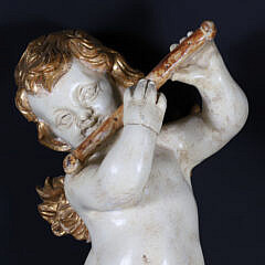 Vintage Polychromed Carved Wood Putti Playing the Flute