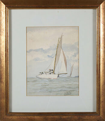 Milton J. Burns (American 1853-1933) Watercolor "Sunday Sailing"
