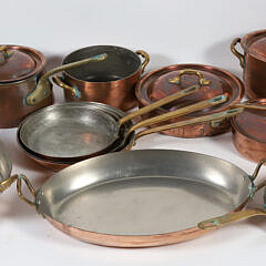 Thirteen Pieces Copper Pots, Pans, etc. with Five Lids