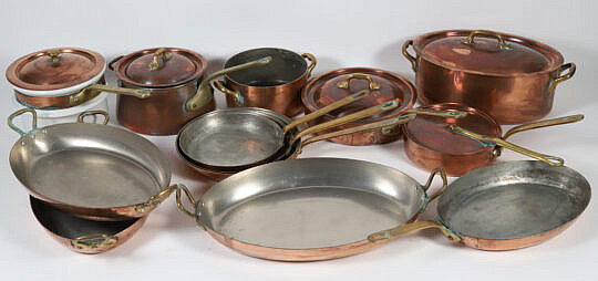 Thirteen Pieces Copper Pots, Pans, etc. with Five Lids