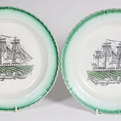 Pair of English Porcelain American Warship Decorated Plates with "Dawson" Impressed Mark