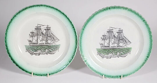 Pair of English Porcelain American Warship Decorated Plates with "Dawson" Impressed Mark