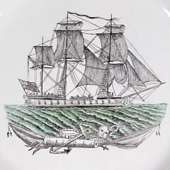 Pair of English Creamware American Warship Decorated Plates with “Dawson” Impressed Mark