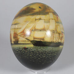 Paint Decorated Ostrich Egg with American Ship Decoration