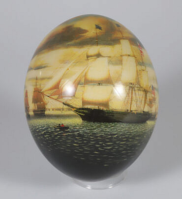 Paint Decorated Ostrich Egg with American Ship Decoration