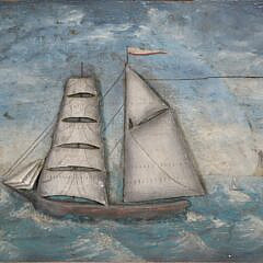 Antique Carved Bas Relief Schooner Plaque with Sail Boat and Lighthouse