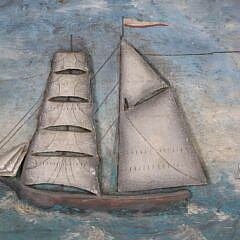 Antique Carved Bas Relief Schooner Plaque with Sailboat and Lighthouse