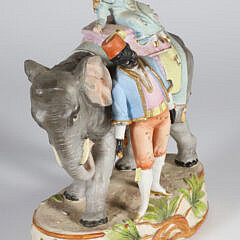 Vintage Painted Bisque Elephant with Female Rider and Attendant