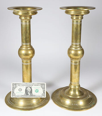 Pair of Antique Persian Engraved Brass Candlesticks, Dated 1914