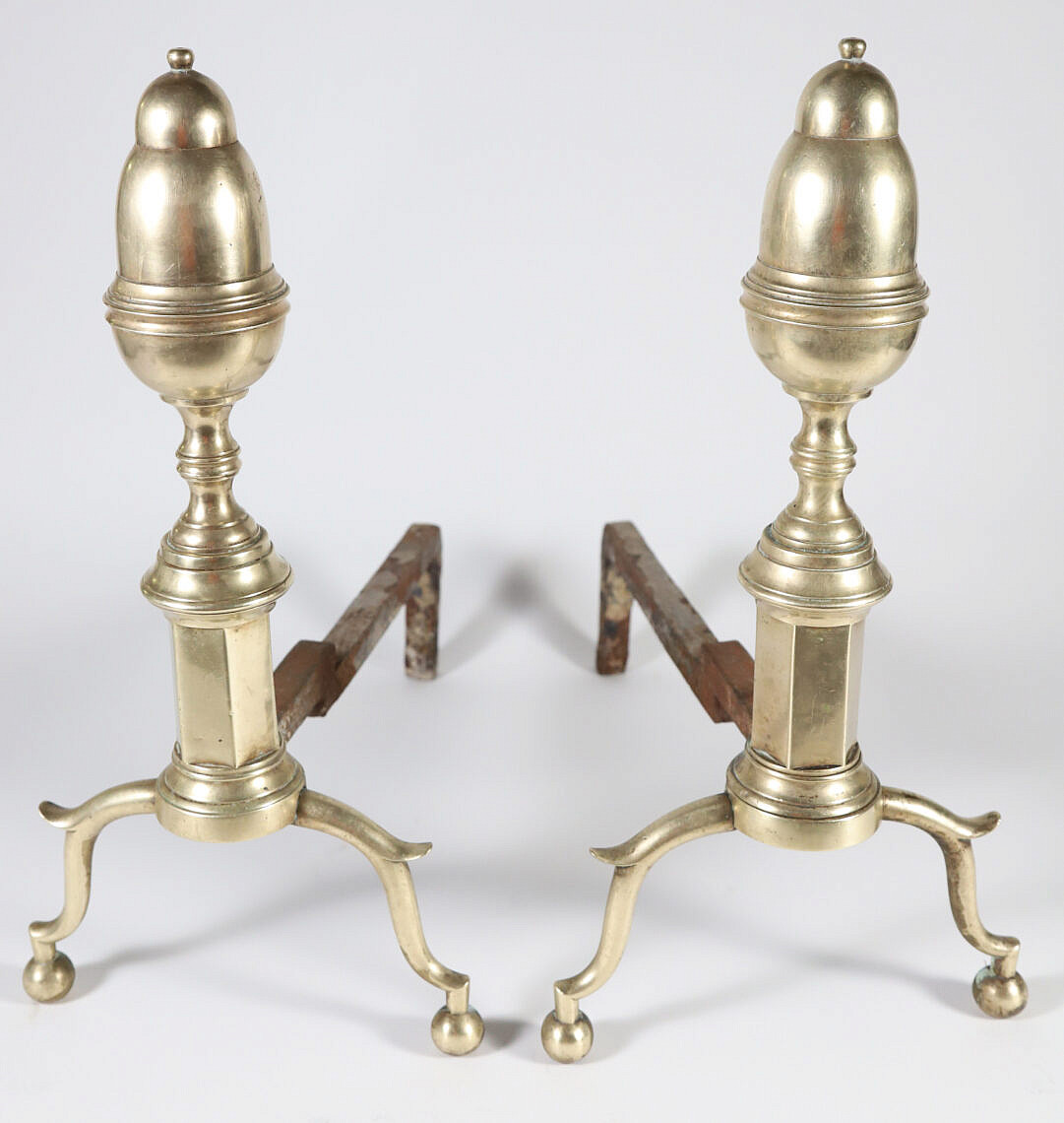 Pair of Brass Bullet Top Andirons 19th Century Pair of Period Brass