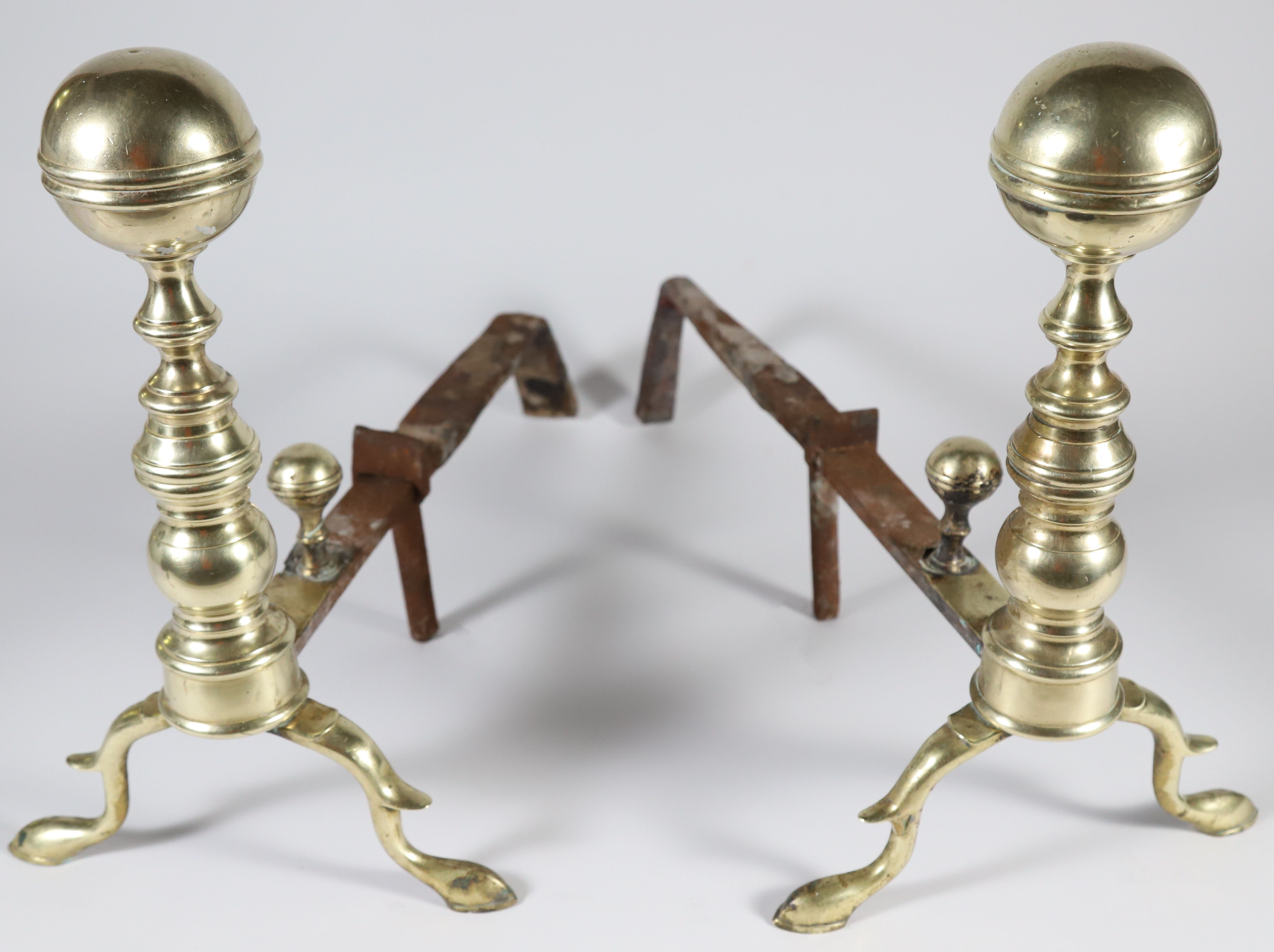 Pair of Brass Ball Top Andirons 19th Century Pair of Period Brass