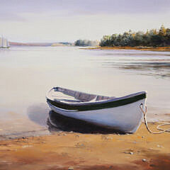 Arnold Desmarais (American b. 1952) Oil on Board “Dory and a Schooner”