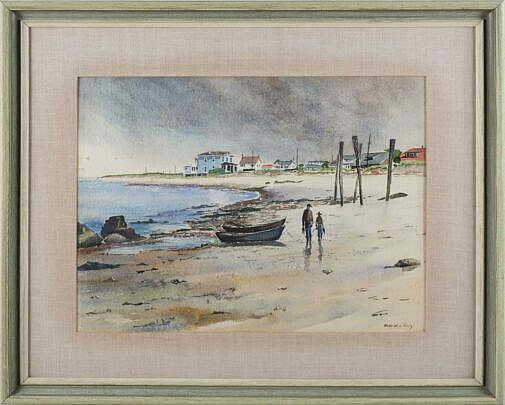 Mildred S. Kratz (American) Watercolor "Fishing at the Shore"