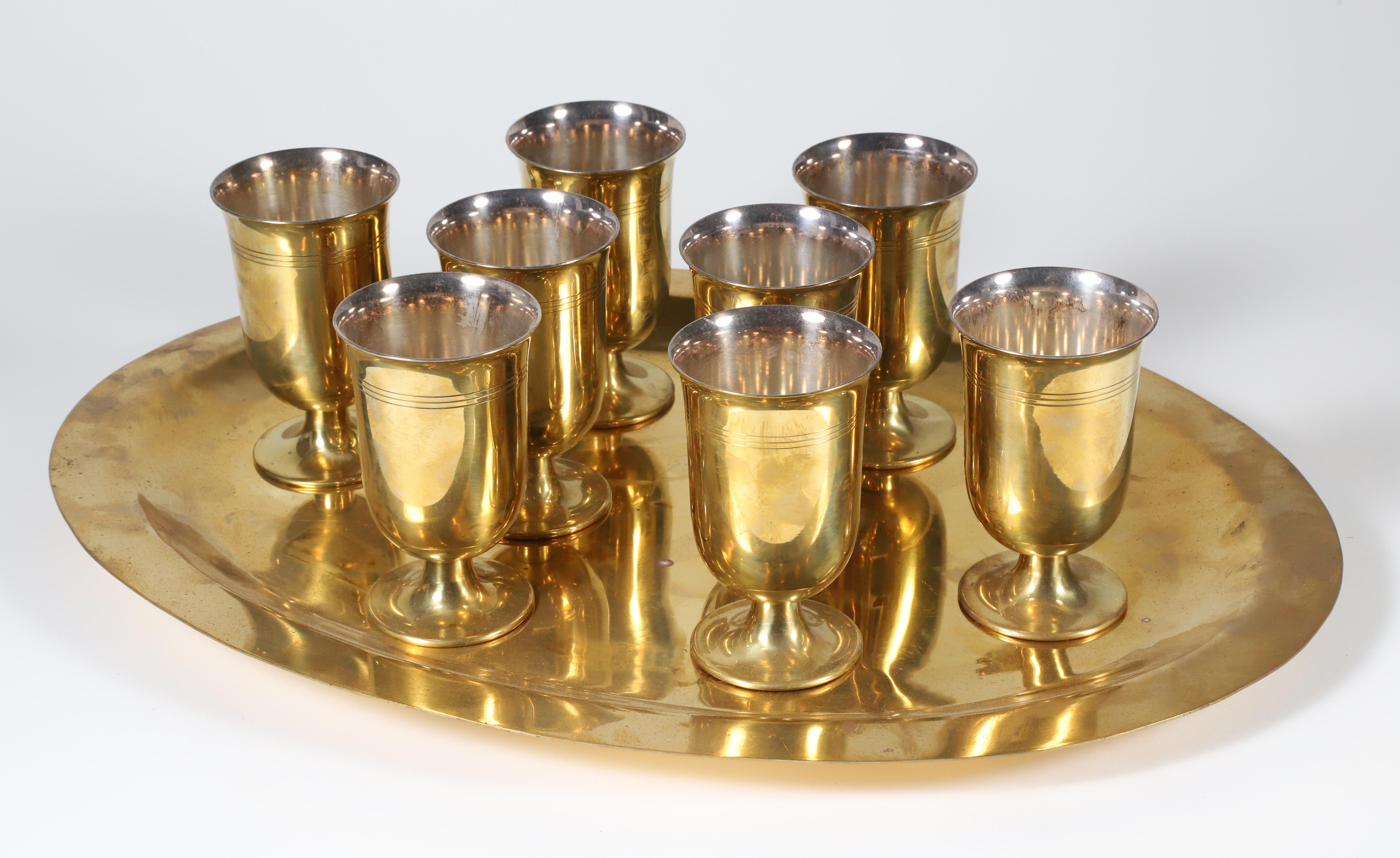Set of 8 Augsburg Brass Wine Glasses and Oval Tray