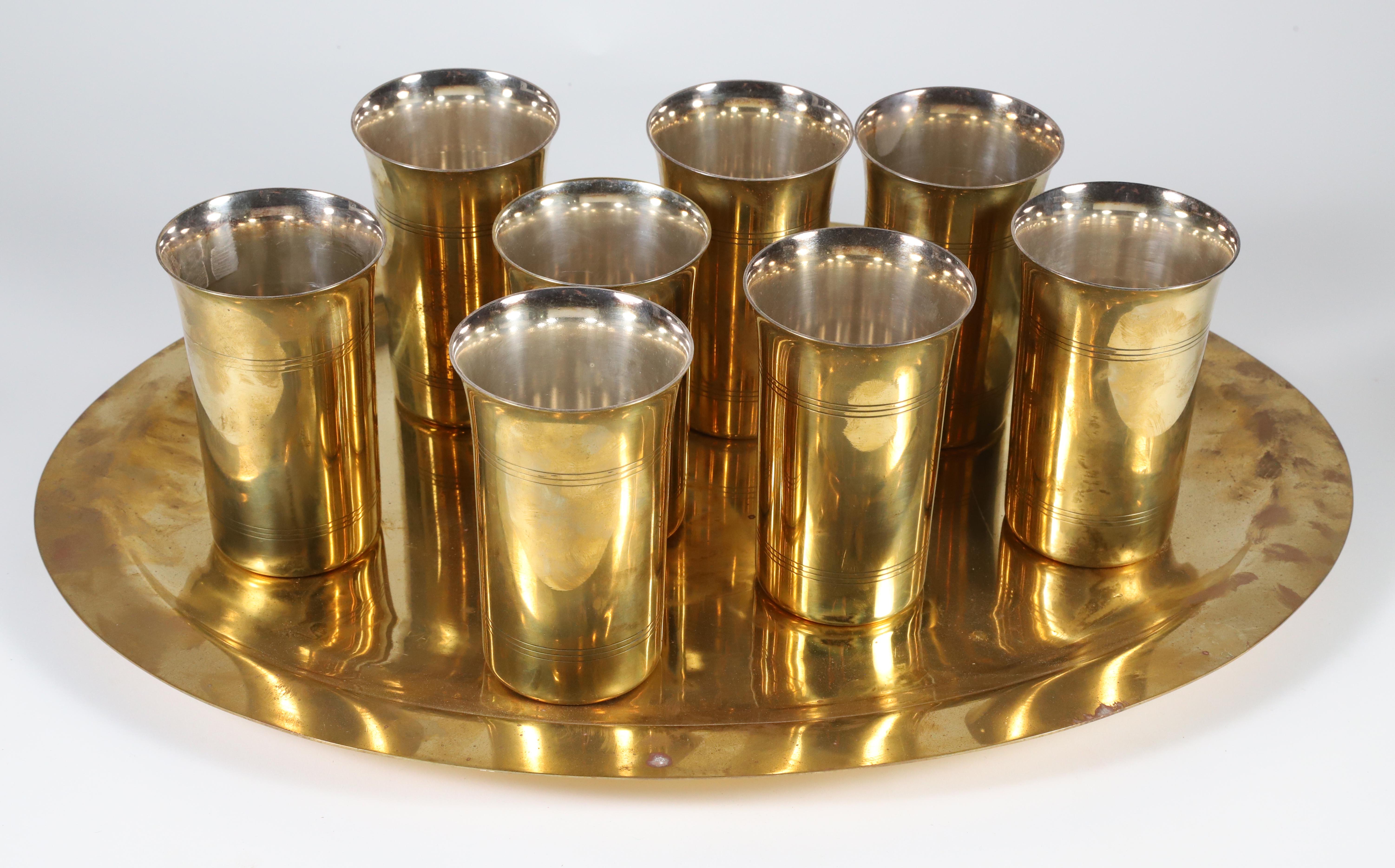 Set of 8 Augsburg Brass Highball Glasses and Oval Tray
