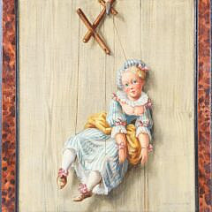 Set of Four Trompe l’oeil Oils on Canvas “Marionettes”, 19th Century