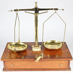 19th Century Brass Scale on Wood Stand with One Drawer
